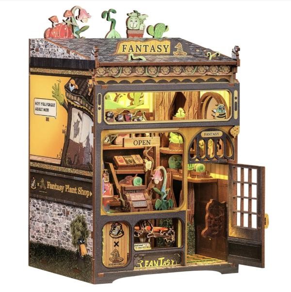 Kit de Rincón de Libros Armable de Madera 3D Fantasy Plant Shop con Luz LED 146 Piezas Modelo CWGA203