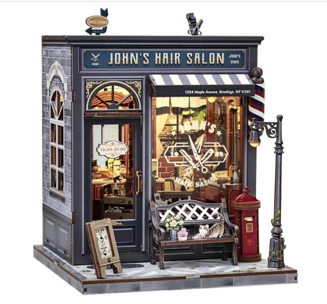 Kit de Rincón de Libros Armable de Madera 3D John's Hair Salon Sala de Belleza con Luz LED 210 Piezas Modelo ...