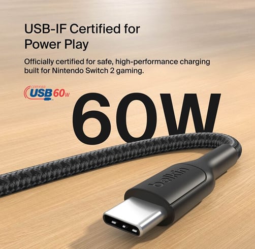 Cable Belkin Trenzado USB-C A USB-C Para Nintendo SWITCH 2 – 60 W – 2 M — vista 3