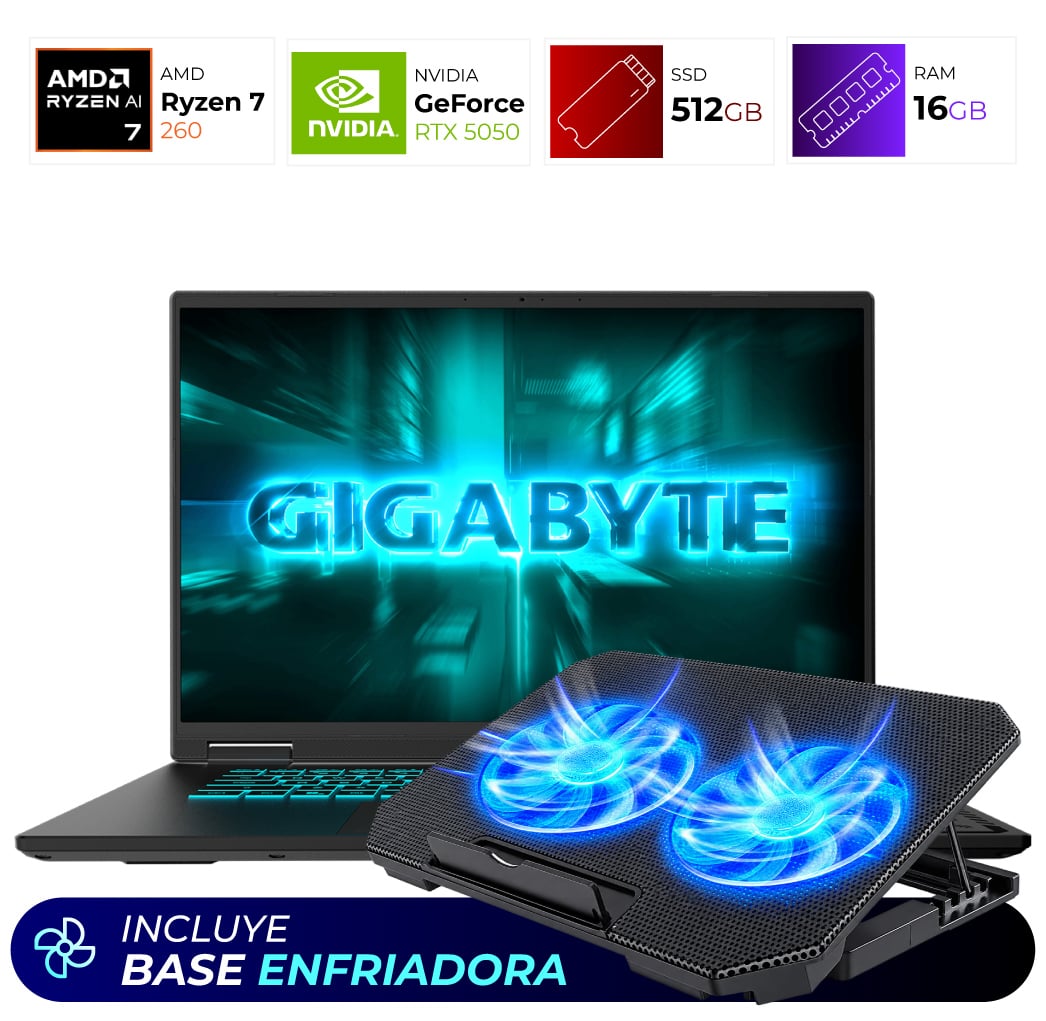Combo Laptop + Base Enfriadora – Gigabyte Gaming A16 – AMD Ryzen 7 260 – 16GB – RTX 5050 – 512GB