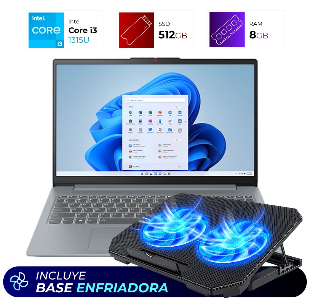 Combo Laptop + Base Enfriadora – Lenovo IdeaPad Slim 3 – Intel I3 1315U – 8GB – 512GB – Artic Grey