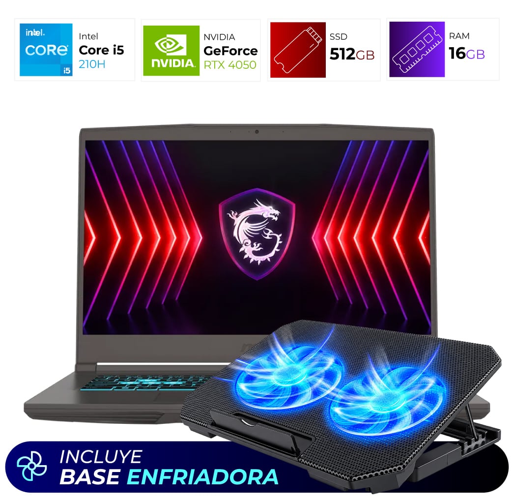 Combo Laptop + Base Enfriadora – MSI Thin 15 B2RVE – Intel I5-210H – 16GB – RTX 4050 – 512GB – Cosmos Gray
