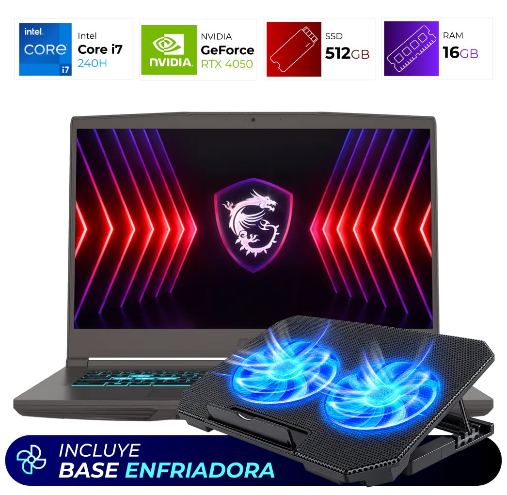 Combo Laptop + Base Enfriadora – MSI Thin 15 B2RVE – Intel I7-240H – 16GB – RTX 4050 – 512GB – Cosmos Gray