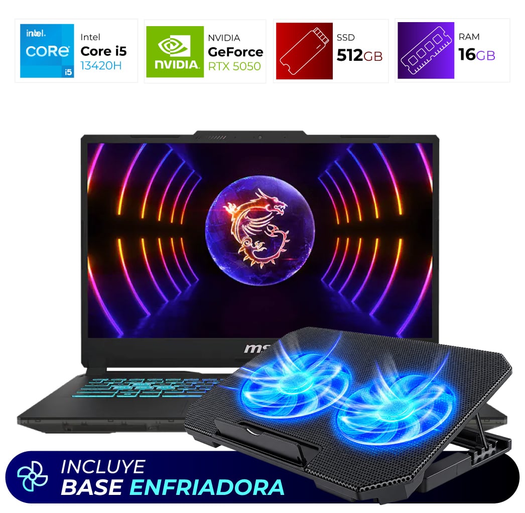 Combo Laptop + Base Enfriadora – MSI Cyborg 15 – Intel I5 13420H – 16GB – RTX 5050 – 512GB – Translucent Black