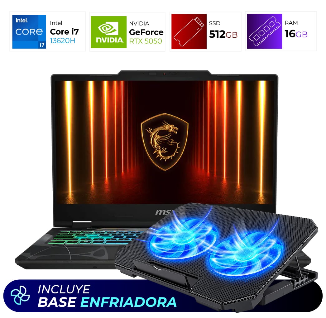 Combo Laptop + Base Enfriadora – MSI Cyborg B13WEKG – Intel I7 13620H – RTX 5050 – 16GB – 512GB -Translucent Black