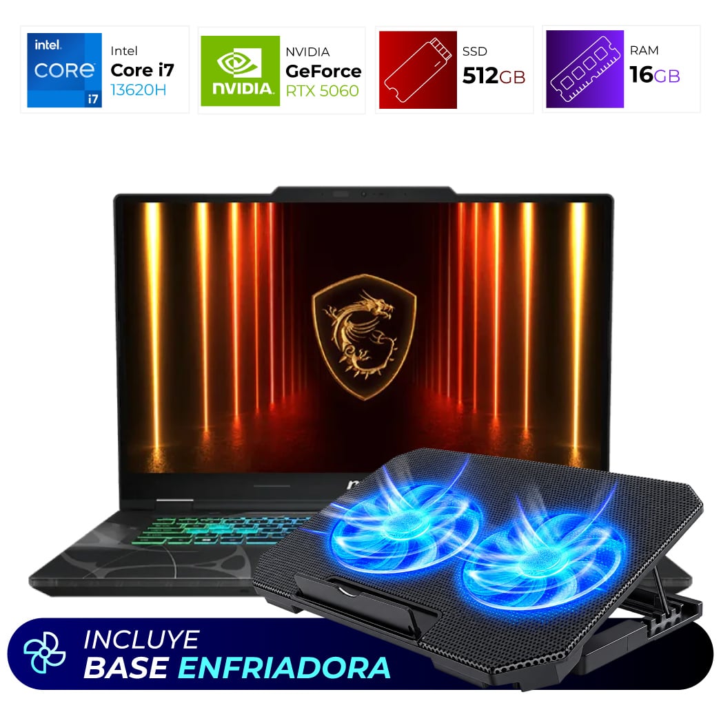 Combo Laptop + Base Enfriadora – MSI Cyborg 15 – Intel I7 13620H – RTX 5060 – 16GB – 512GB – Translucent Black