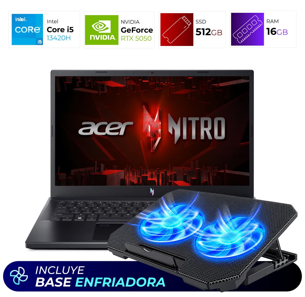 Combo Laptop + Base Enfriadora – Acer Nitro V15 – Intel I5 13420H – 16GB – RTX 5050 – 512GB