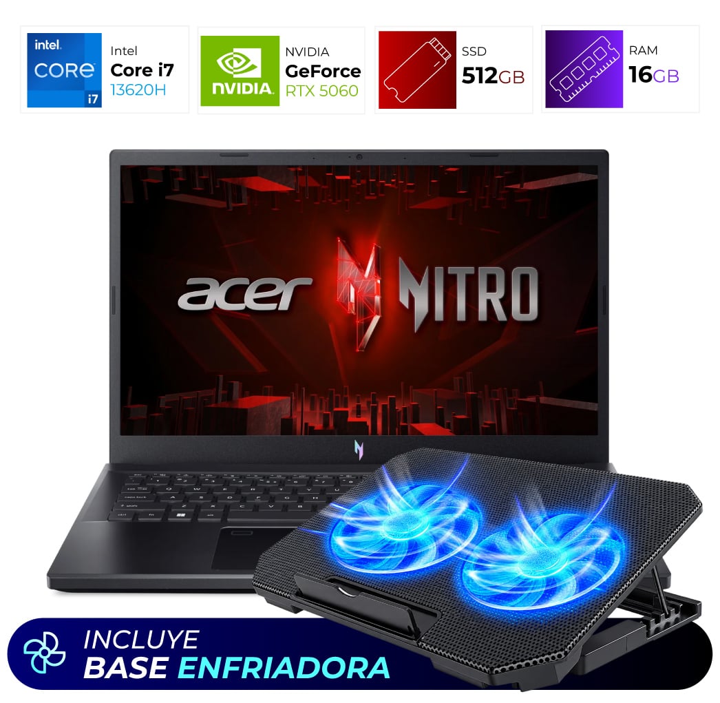 Combo Laptop + Base Enfriadora – Acer Nitro V15 – Intel I7 13620H – 16GB – RTX 5060 – 512GB