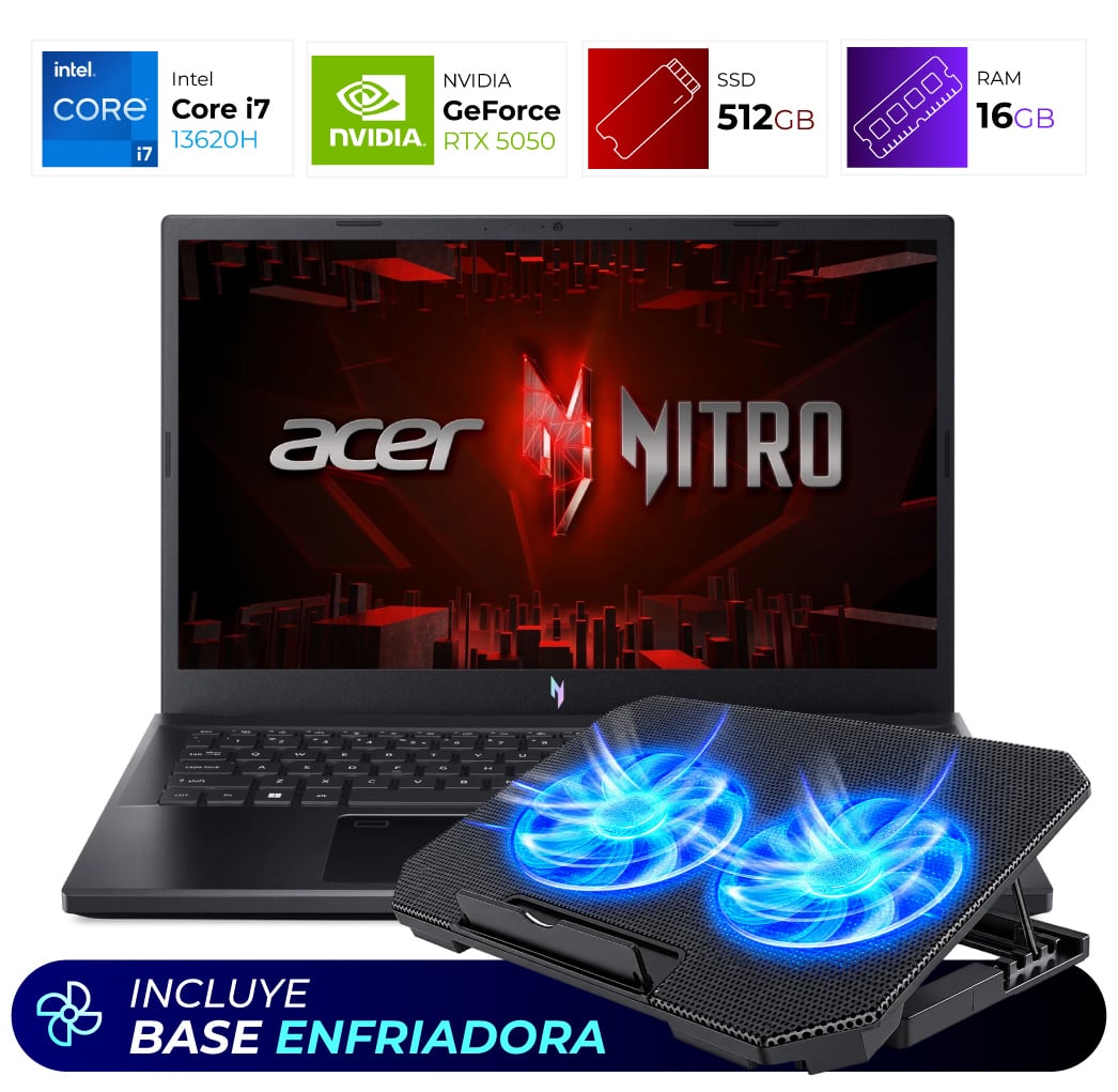 Combo Laptop + Base Enfriadora – Acer Nitro V15 – Intel I7 13620H – 16GB – RTX 5050 – 512GB