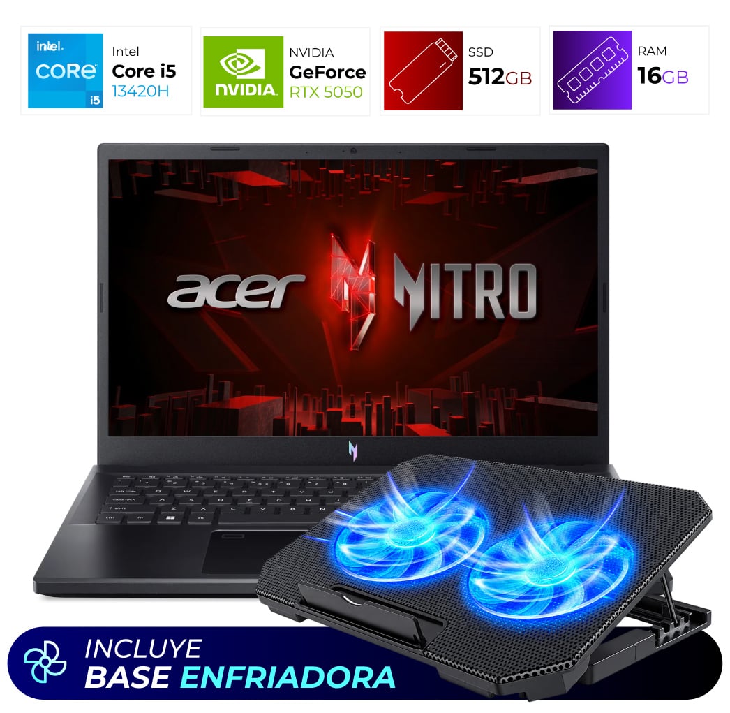 Combo Laptop + Base Enfriadora – Acer Nitro V15 – Intel I5 13420H – 16GB – RTX 5050 – 512GB – Obsidian Black