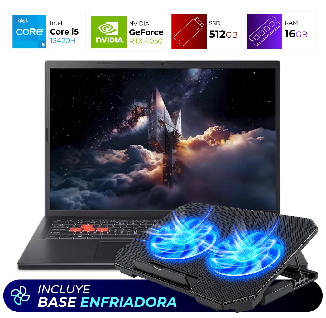 Combo Laptop + Base Enfriadora – Acer Nitro Lite – NL16-71G-54J3 – Intel I5 13420H – 16 GB – RTX 4050 – 512GB
