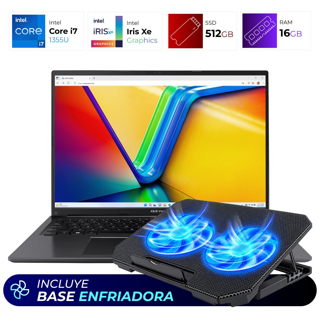 Combo Laptop + Base Enfriadora – Asus VivoBook F1605V – Intel I7 1355U – 16GB – 512GB – Indie Black