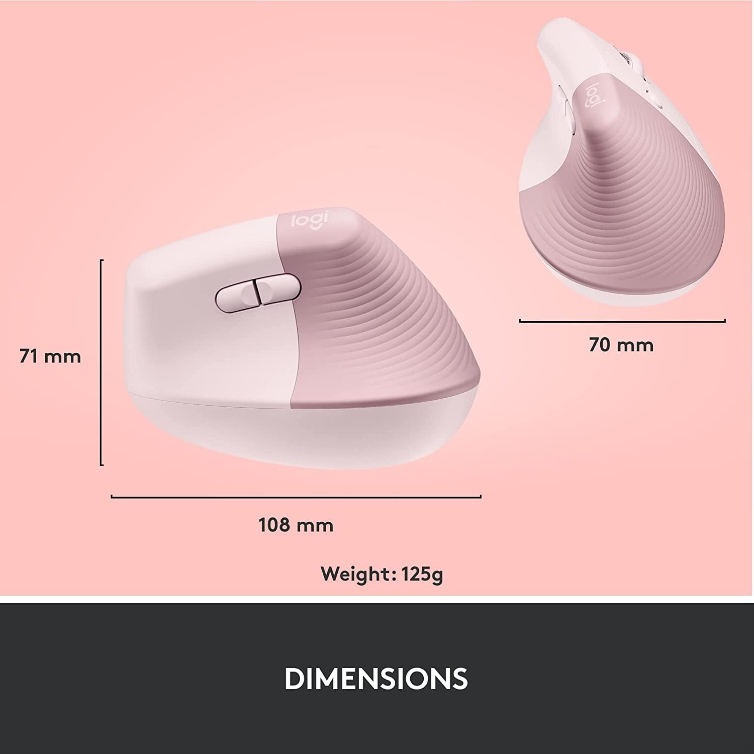 Logitech Lift Vertical Ergonomic Wireless Mouse Rosado — vista 2