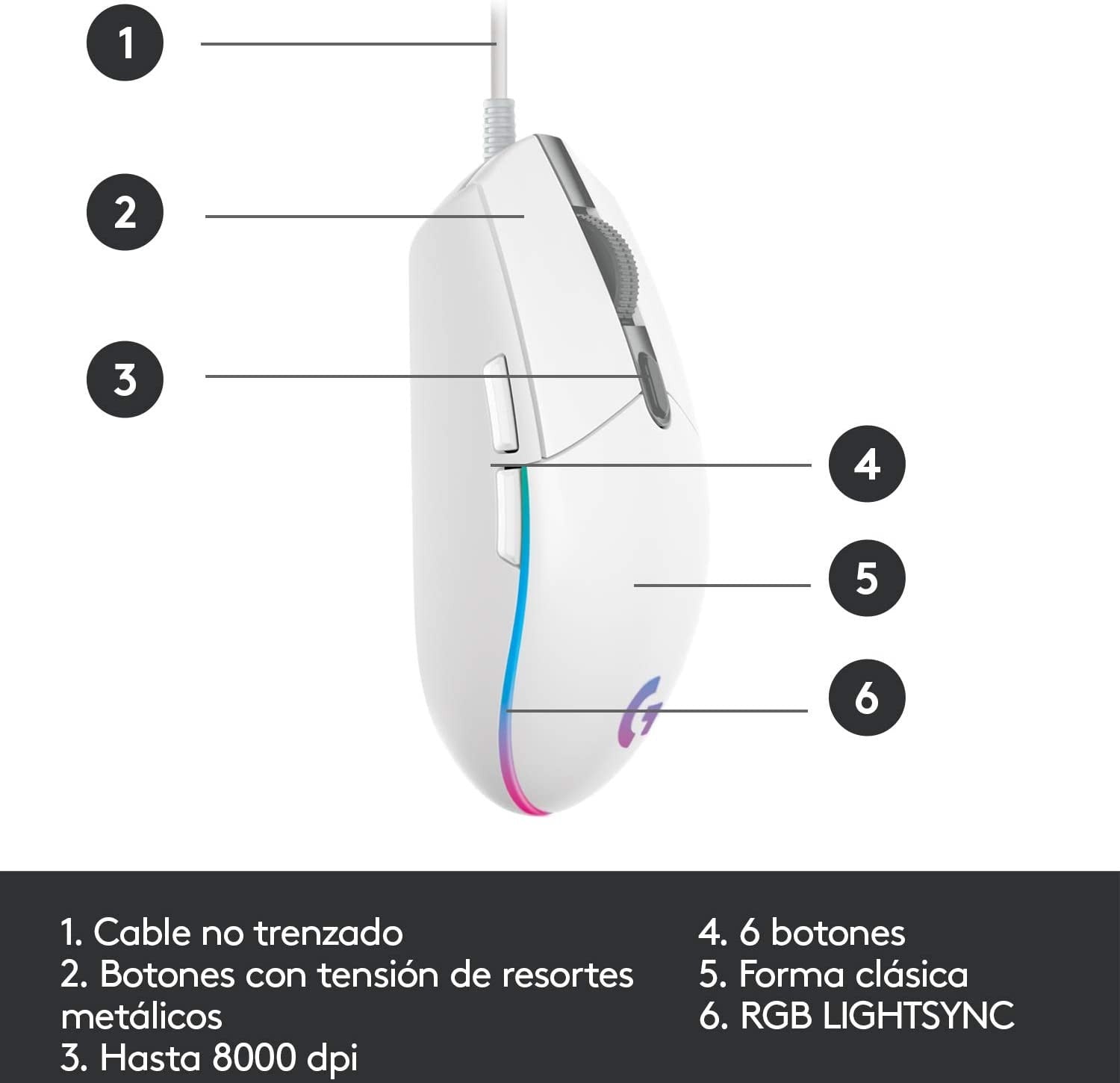 Logitech G203 Lightsync RGB – Blanco — vista 3