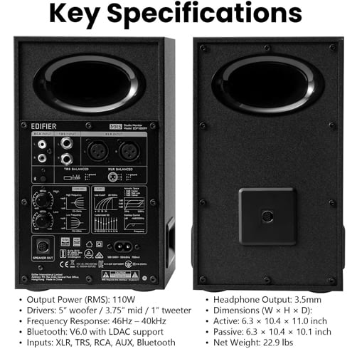 Parlante Edifier MR5 – Monitor De Estudio 110 W RMS – Bluetooth 6.0 – Black Noir – MR5 — vista 2