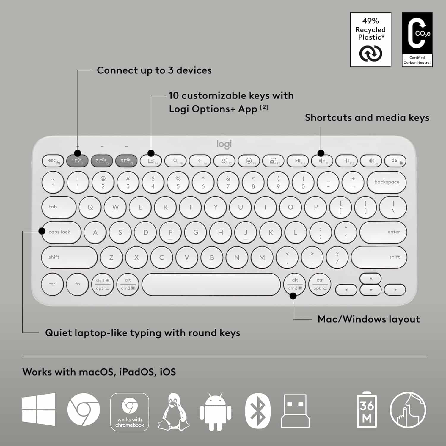 Logitech Pebble Keys 2 K380S – Español – Blanco — vista 2