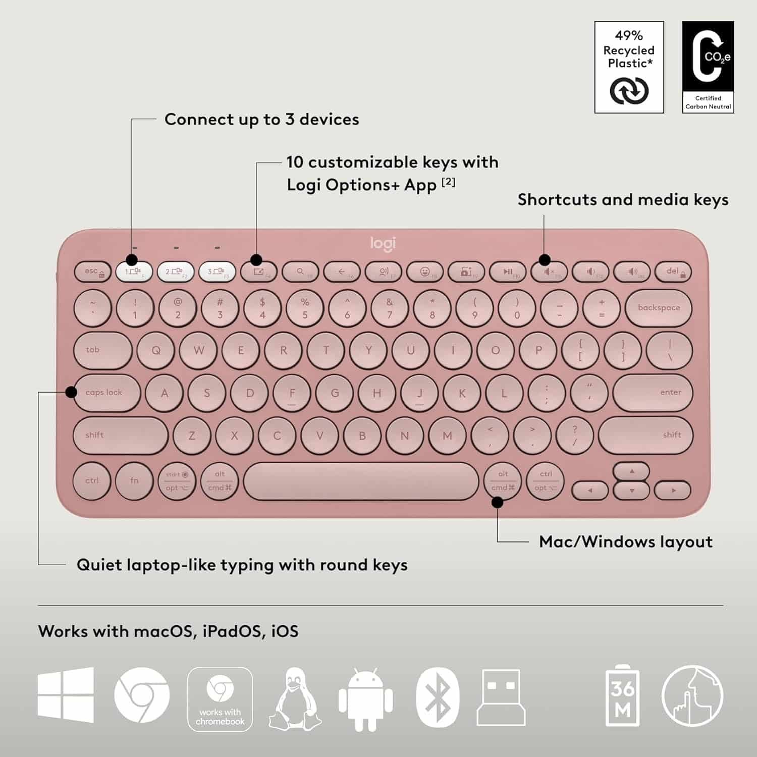Logitech Pebble Keys 2 K380S – Español – Rosado — vista 2